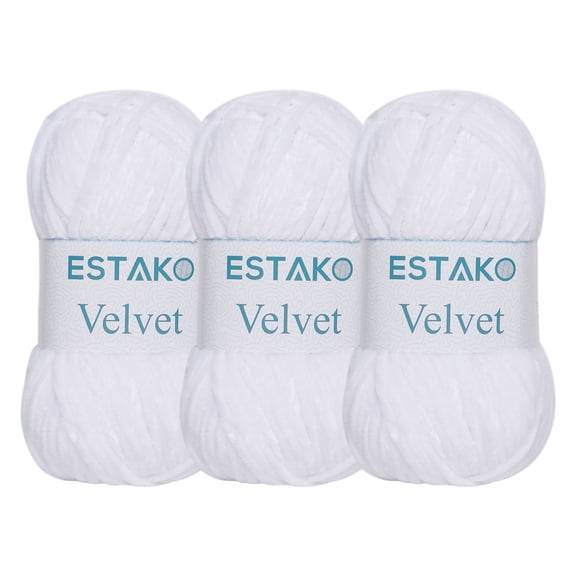 Estako Velvet (3- Skeins Pack) Chenille Blanket amigurumi Yarn for Crocheting and Knitting Super Bulky 3x100 gr (3x132 yds) (1110 - White)
