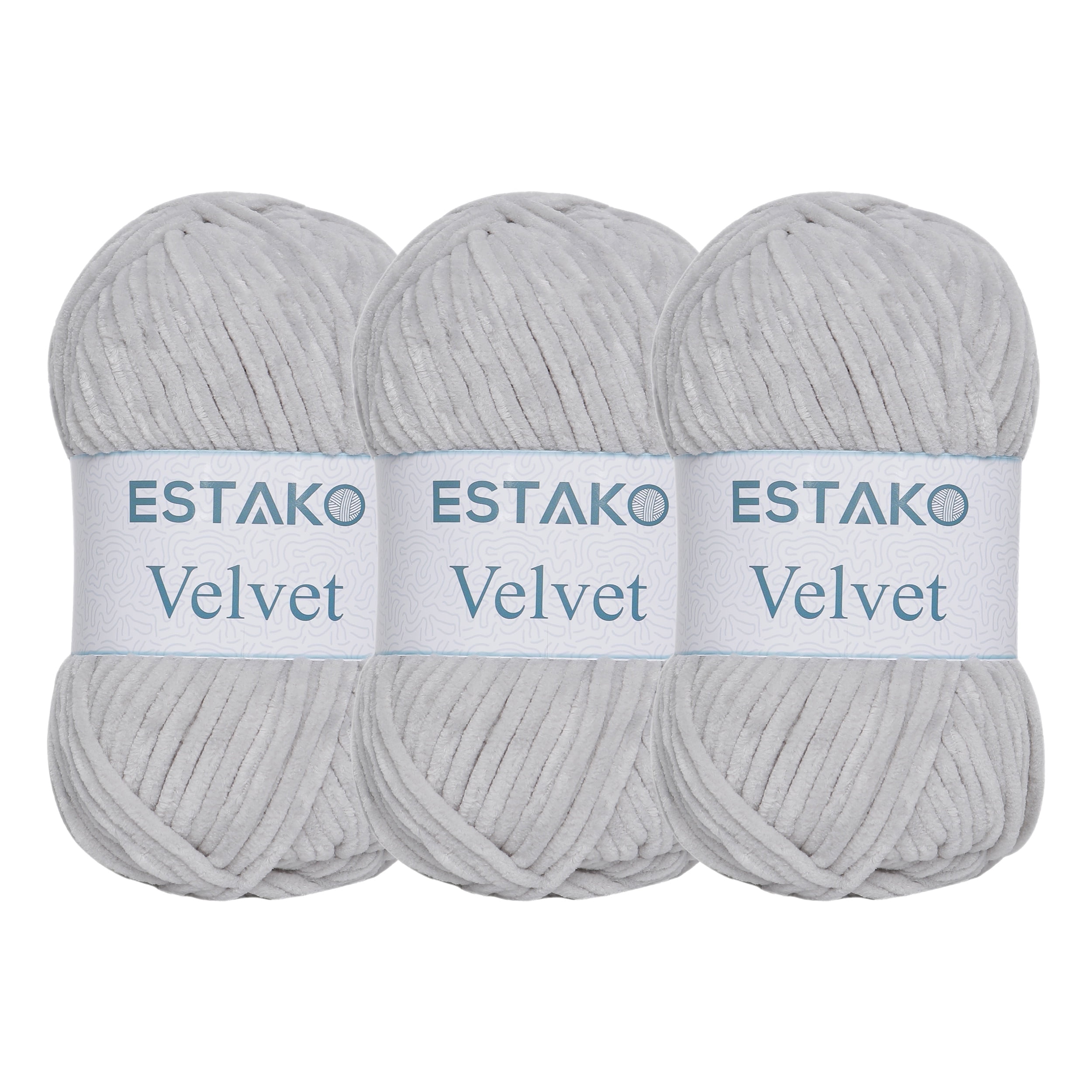 Estako Velvet (3- Skeins Pack) Chenille Blanket amigurumi Yarn for Crocheting and Knitting Super Bulky 3x100 gr (3x132 yds) (1120 - Light Grey)