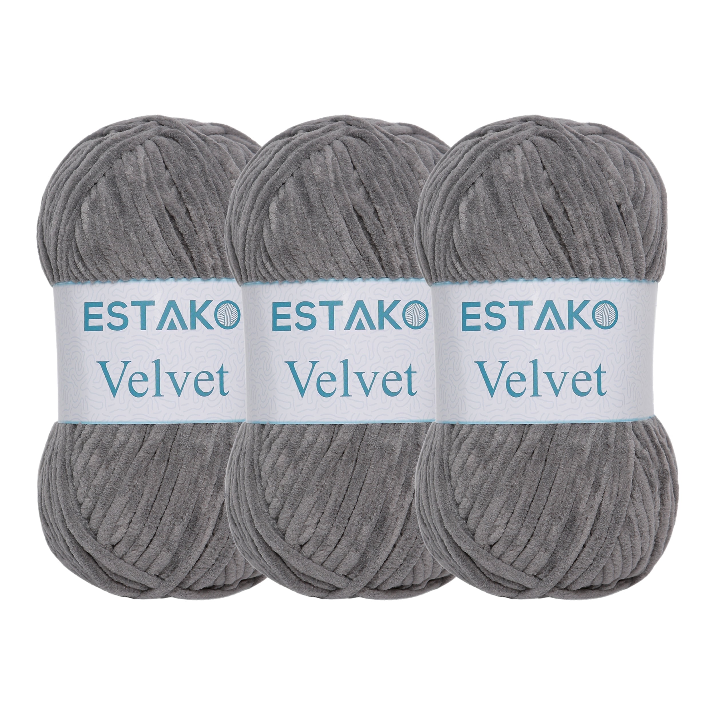 Estako Velvet (3- Skeins Pack) Chenille Blanket amigurumi Yarn for Crocheting and Knitting Super Bulky 3x100 gr (3x132 yds) (1140 - Grey)