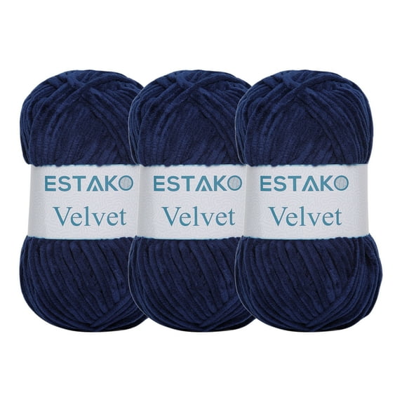 Estako Velvet (3- Skeins Pack) Chenille Blanket amigurumi Yarn for Crocheting and Knitting Super Bulky 3x100 gr (3x132 yds) (1210 - Navy Blue)