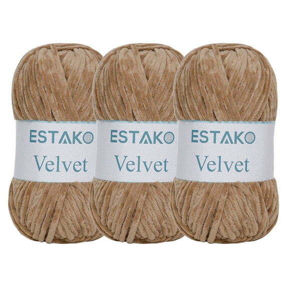 Estako Velvet (3- Skeins Pack) Chenille Blanket amigurumi Yarn for Crocheting and Knitting Super Bulky 3x100 gr (3x132 yds) (1430 - Camel)