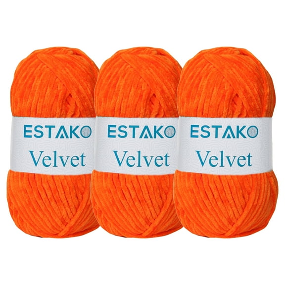 Estako Velvet (3- Skeins Pack) Chenille Blanket amigurumi Yarn for Crocheting and Knitting Super Bulky 3x100 gr (3x132 yds) (1710 - Orange)
