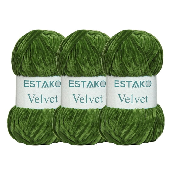 Estako Velvet (3- Skeins Pack) Chenille Blanket amigurumi Yarn for Crocheting and Knitting Super Bulky 3x100 gr (3x132 yds) (1940 - Grass)