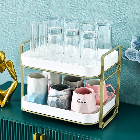 2 Shelves - Shelf Cup Drying Rack with Drain Tray, White
