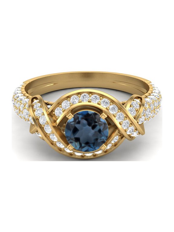 Estate Ring 6MM Round London Blue Topaz 925 Sterling Silver Gold Vermeil Women Valentines Day Gifts Ring