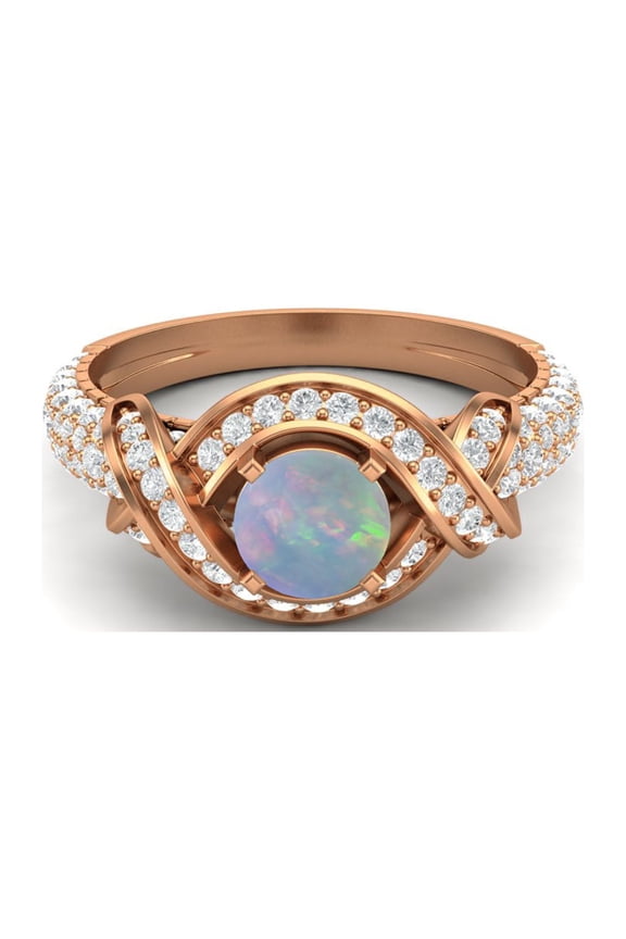 Estate Ring 6MM Round Opal 925 Sterling Silver Rose Vermeil Women Valentines Day Gifts Ring