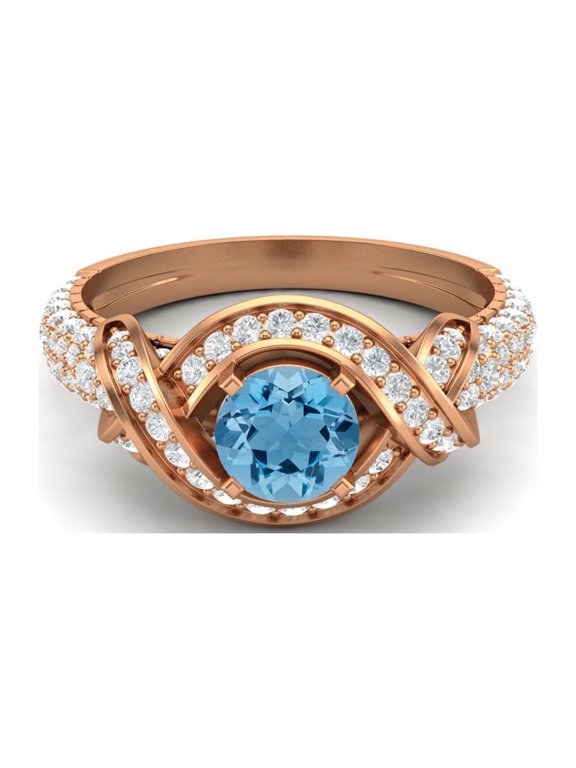 Estate Ring 6mm Round Shape Swiss Blue Topaz 925 Sterling Silver Rose Vermeil Women Valentines Day Gifts Ring