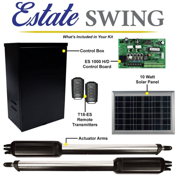 Estate Swing E-S1000D 12V Heavy-Duty Dual Automatic Swing Gate Opener Kit w / 10 Watt Solar Panel