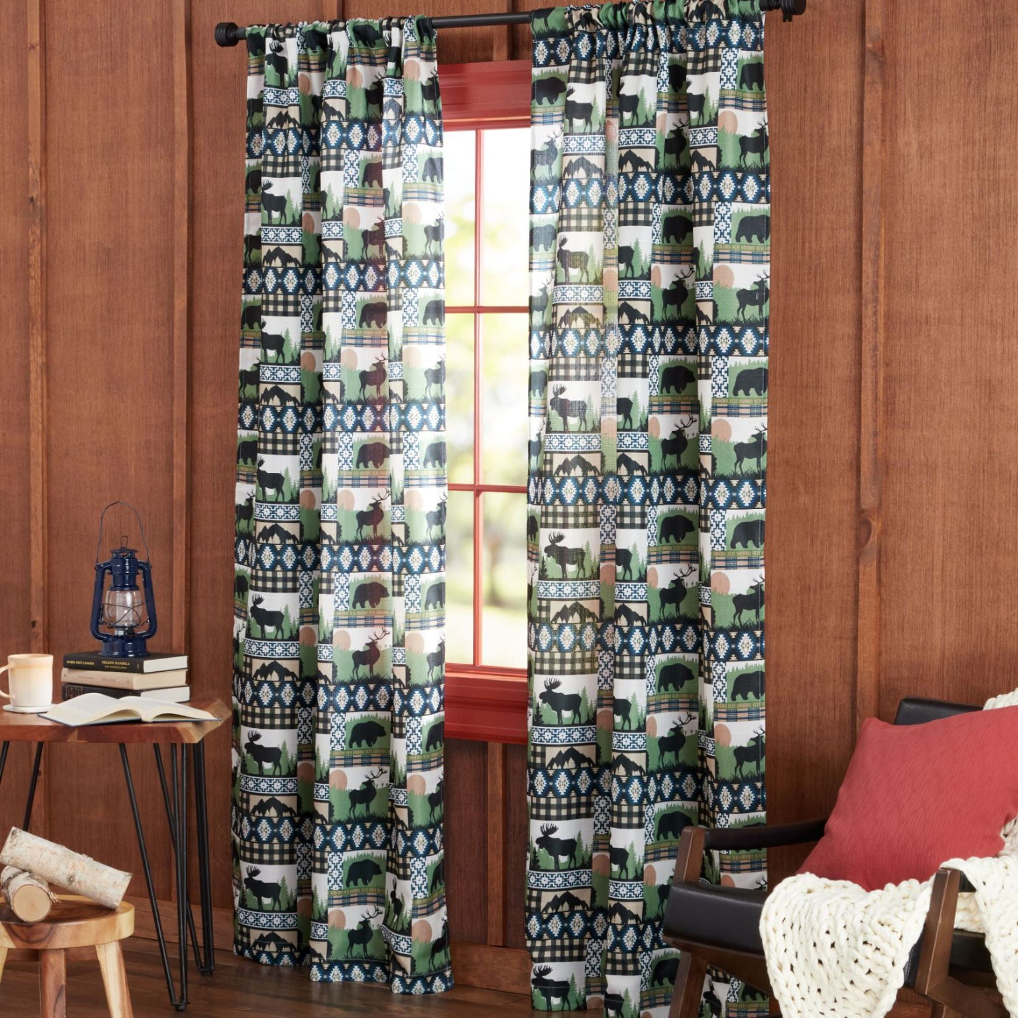 Estate View™ Moose Lodge Light Filtering Rod Pocket Curtain Panel Pair, 38"x84", Green Black