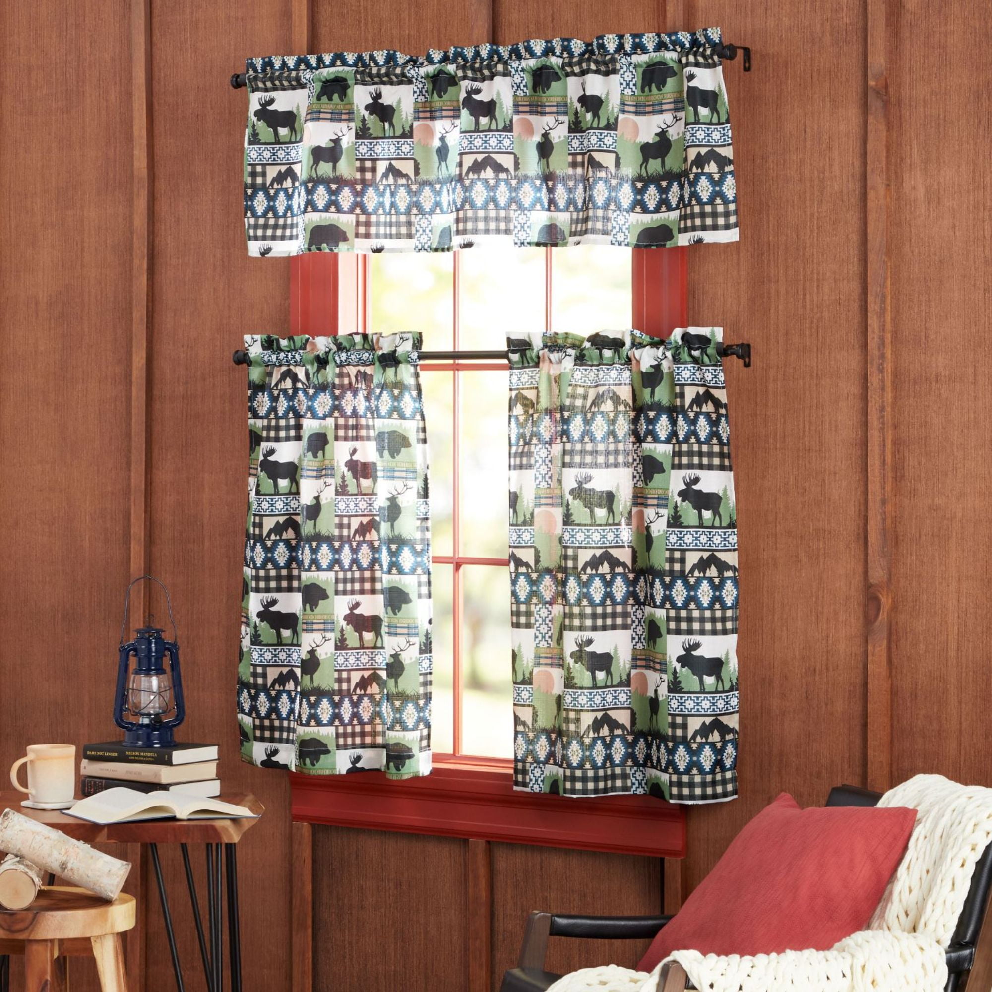 Estate View™ Moose Lodge Light Filtering Rod Pocket Straight 3 Piece Tier Valance and Curtains Set, 54"x36", Green Black