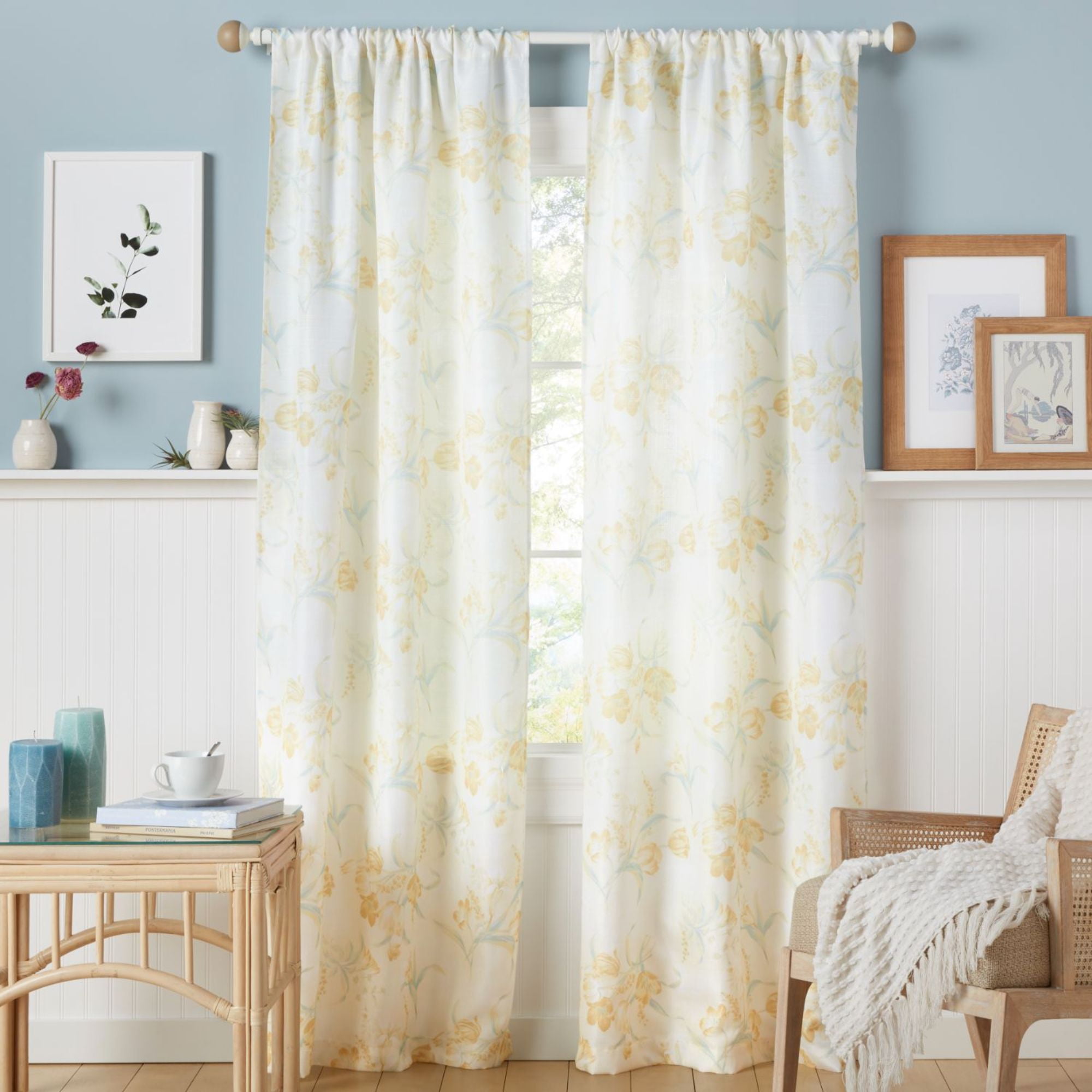 Yellow Floral Light Filtering Polyester Rod Pocket Curtain Panel Pair