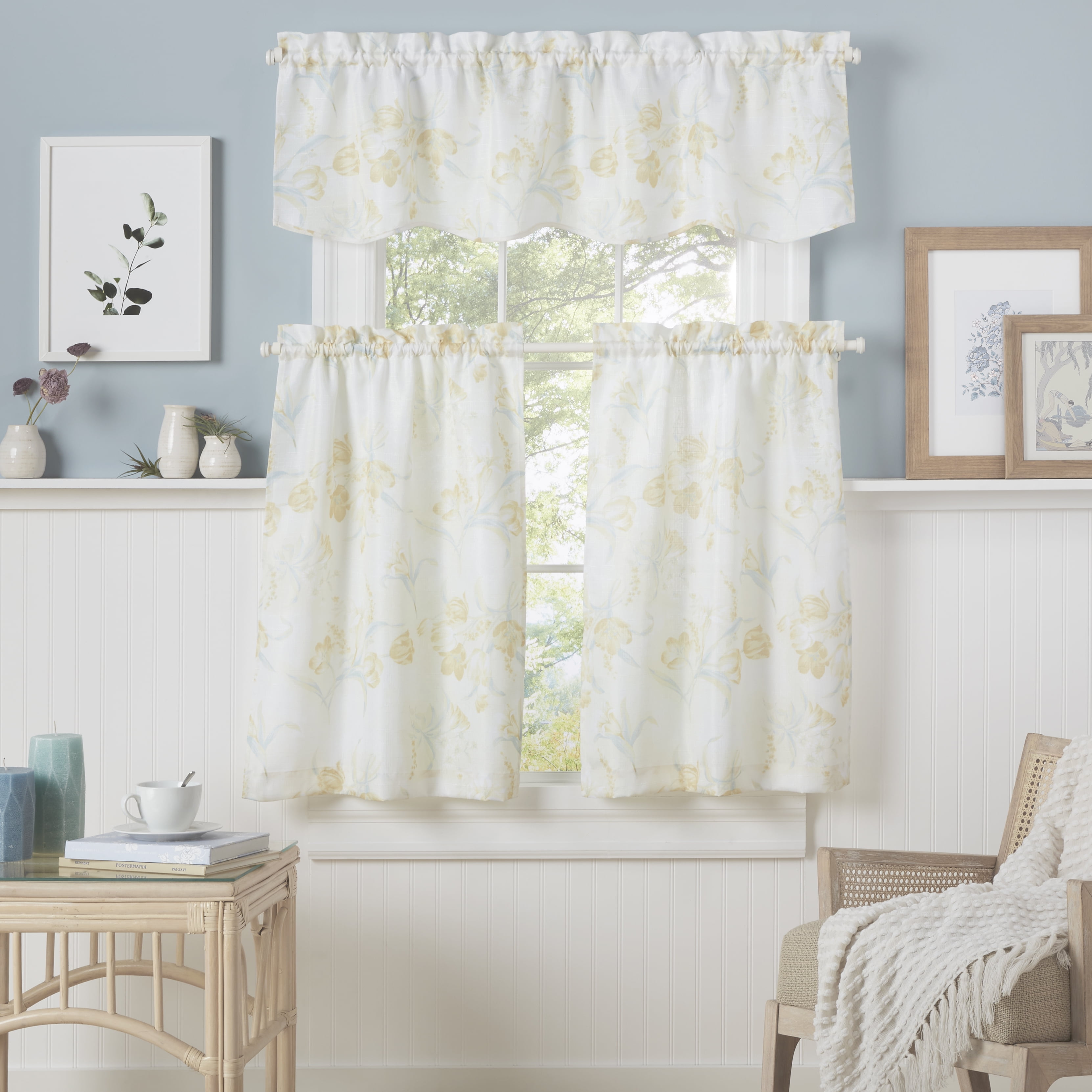 Estate View™ Printemps Light Filtering Rod Pocket Scalloped 3 Piece Tier Valance and Curtains Set, 54"x36", Yellow