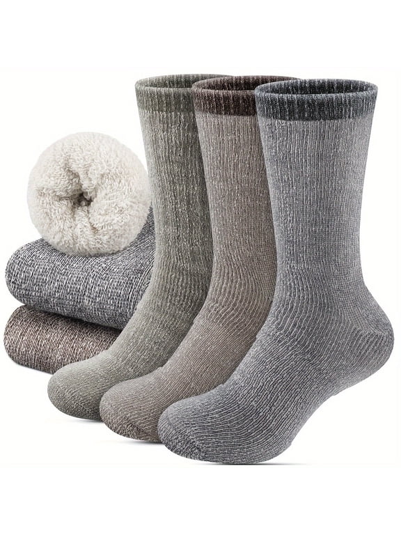 3 Pairs Mens 100% Wool Thermal Athletic Crew Socks Solid Color Knit Fabric Hand Wash Only - Breathable Durable & Soft Elastic Winter Socks for Outdoor Activities