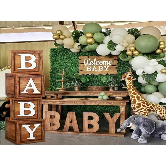 Estbridge Baby Shower Boxes Party Decorations - 4 Wood Grain Brown Blocks With BABY Letter  Printed Letters First Birthday Centerpiece Decor  Teddy Bear Baby Shower Supplies  Gender Revea