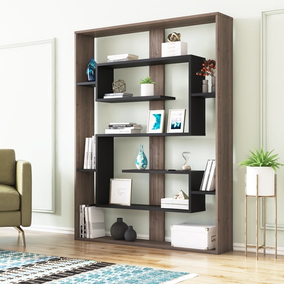 Esteban Geometric Open Shelves Bookcase, Walnut & Black