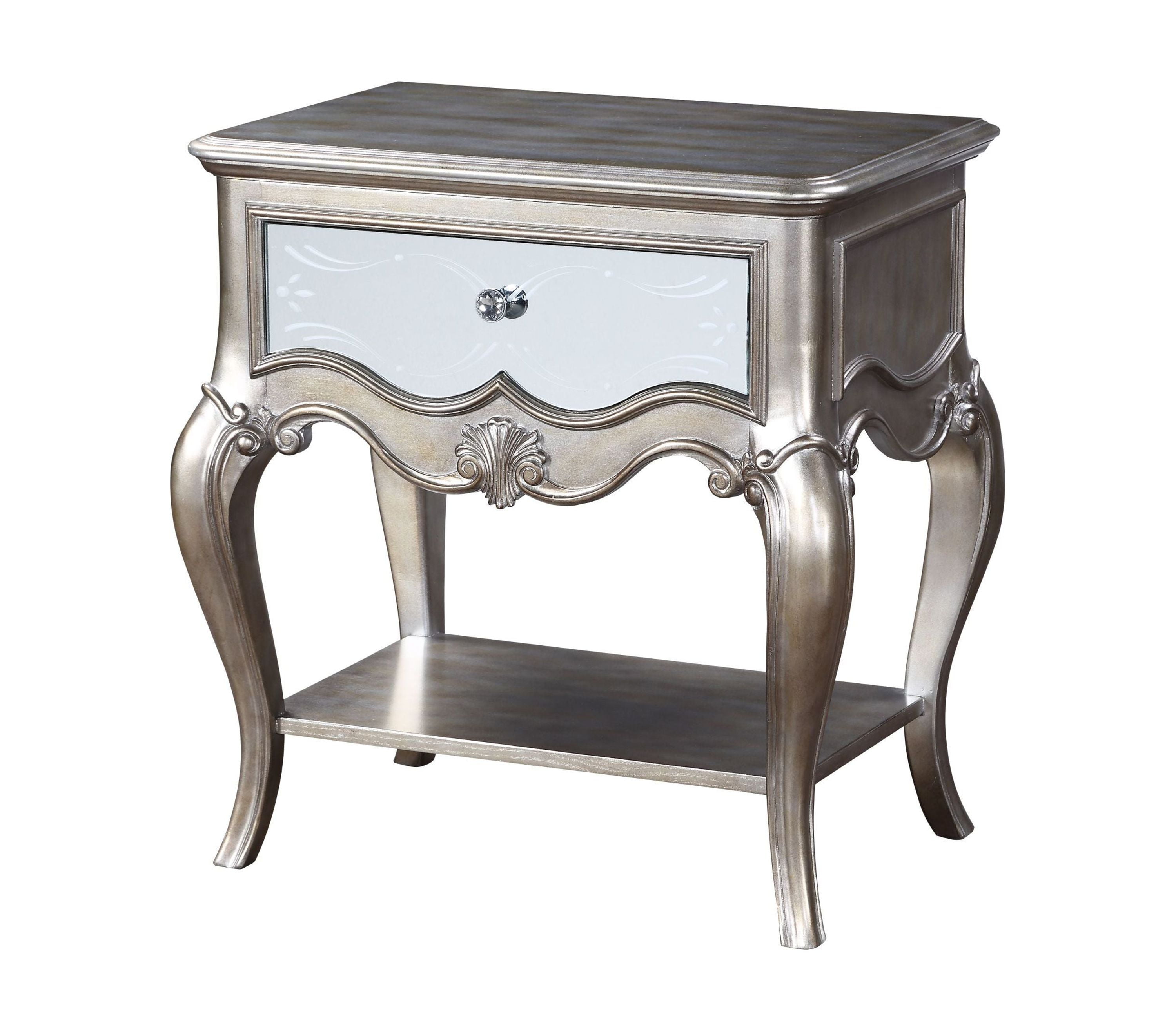 Antique Champagne Mirrored 1-Drawer Nightstand with Cabriole Legs