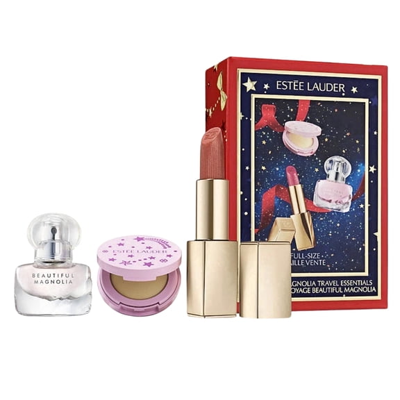 Estee Lauder Beautiful Magnolia Travel Essentials 3-pc Fragrance Set, Eau de Parfum Spray, Solid Perfume Compact, Pure Color Hi-Lustre Lipstick
