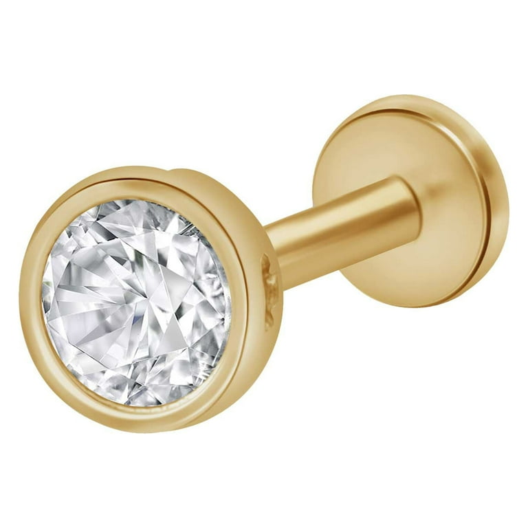 14KT Yellow Gold White CZ Beaded Internally Threaded Flat Back Labret 14KT Yellow Gold White CZ Beaded Internally Threaded Flat Back Labret