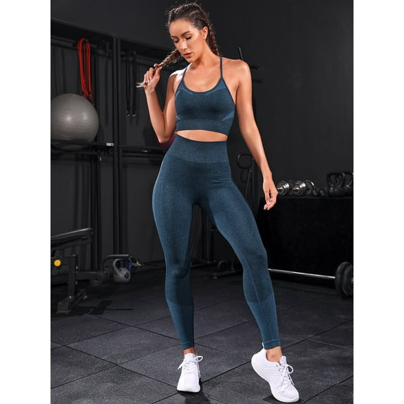 Estella's 2 Pcs Workout Leggings and Sports Bra Set–Seamless High-Waist Leggings & Sports Bra - Teal Blue