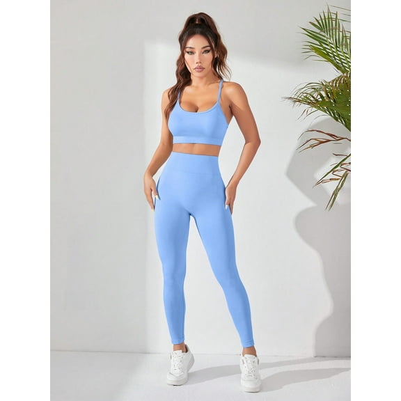 Estella's Women's 2 Pcs Workout Leggings and Sports Bra Set–Seamless High-Waist Leggings & Sports Bra -Baby Blue