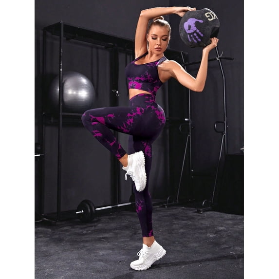 Estella's Workout 2 Pcs Leggings and Sports Bra Set. Ultra-Comfort Seamless High-Waist Leggings with Full-Support, Racerback Sports Bra-Purple