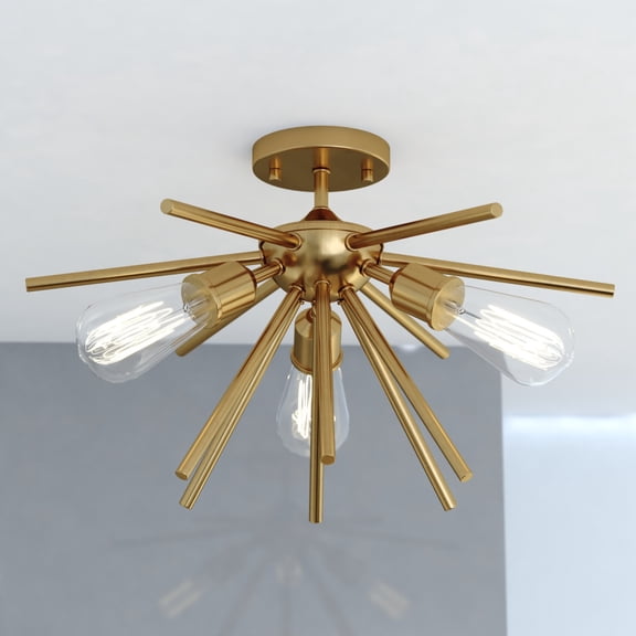 Estelle 3-Light 17 in. Wide Natural Brass Gold Mid-Century Modern Sputnik Semi Flush Mount Lighting Fixture Low Ceilings
