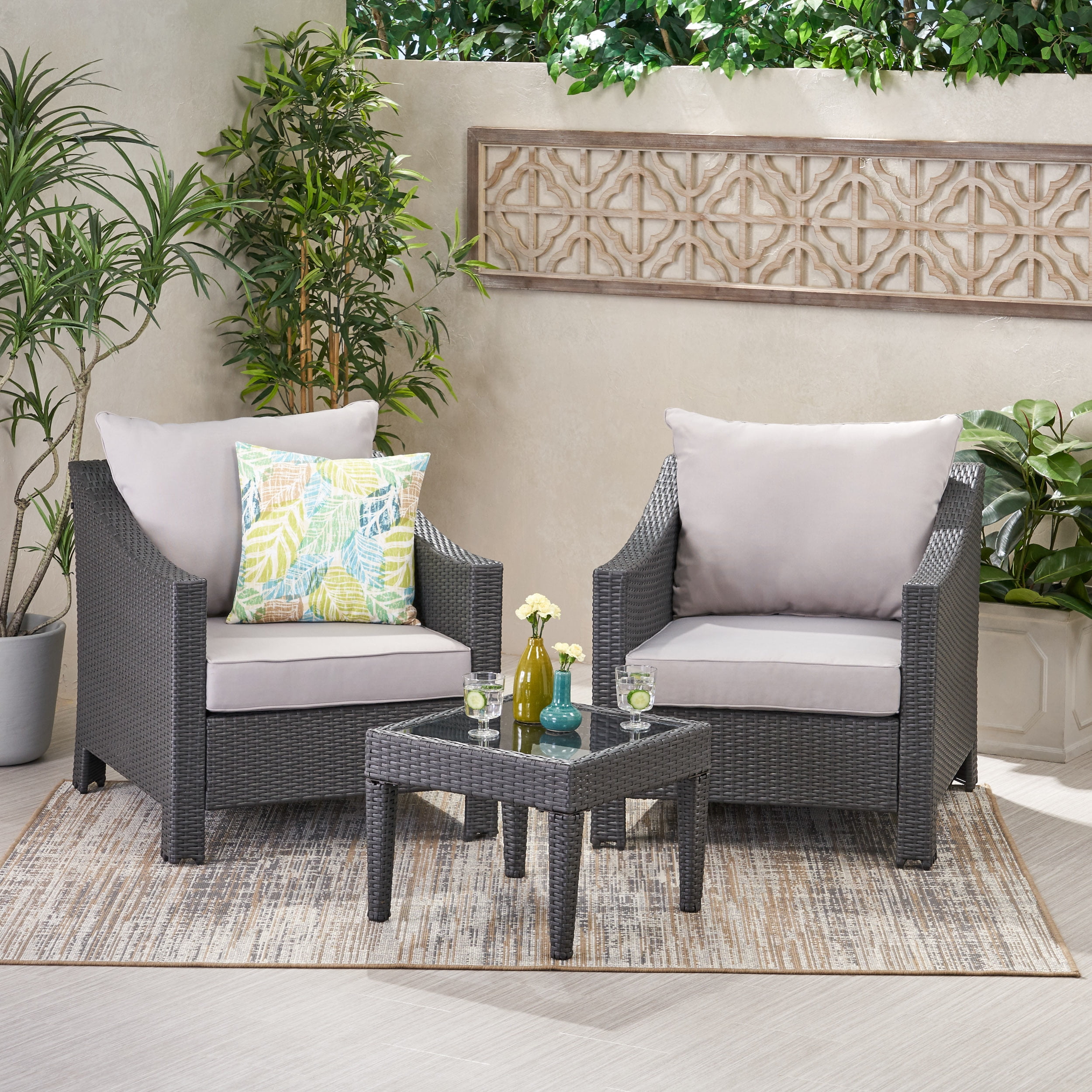 Antibes Gray Wicker Outdoor Chat Set with Cushions