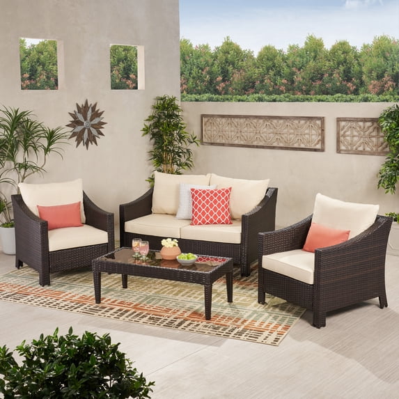 Estelle 4 Piece Outdoor Wicker Chat Set, Multibrown and Beige