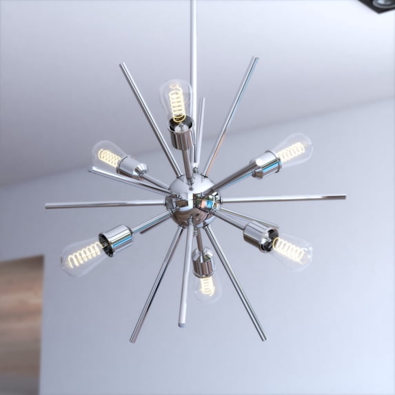 Estelle 6-Light 19 in. Wide Polished Nickel Mid-Century Modern Sputnik Pendant Light, Ceiling Fixture for Dining Table