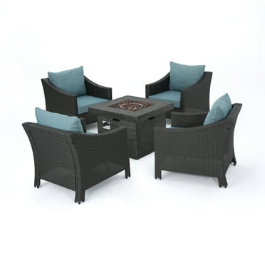 Estelle Outdoor 5 Piece Wicker Club Chairs with Cushions and Greyed Fire Pit, Grey, Teal