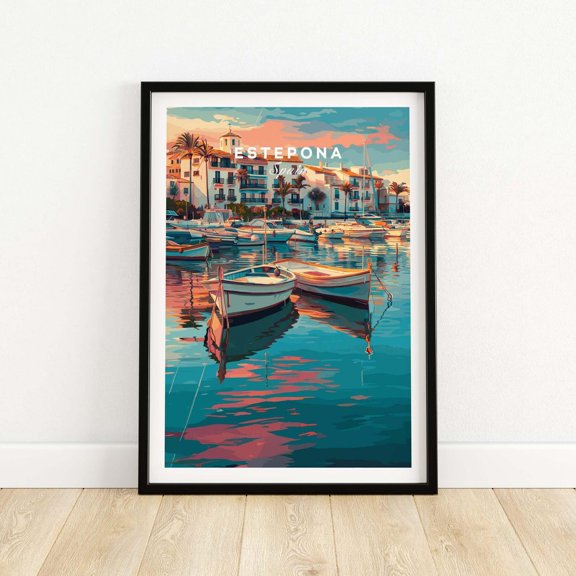 Estepona Boats Harbour Reflection Print Mediterranean Wall Decor
