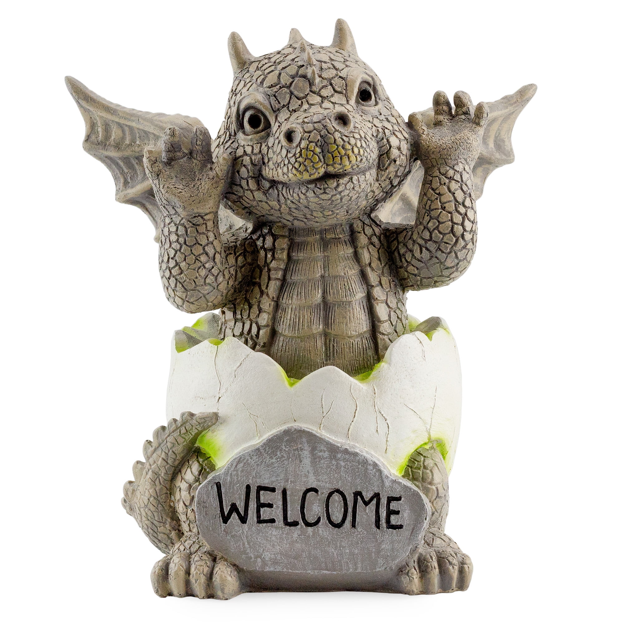 Gray Resin Baby Dragon Garden Statue with Welcome Sign