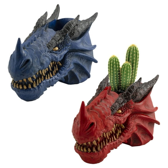 Esterno Dragon Head Planter Pots (6-Inch, Set of 2); Fantasy Dragon Head Shaped Gardening Container or Home Decor