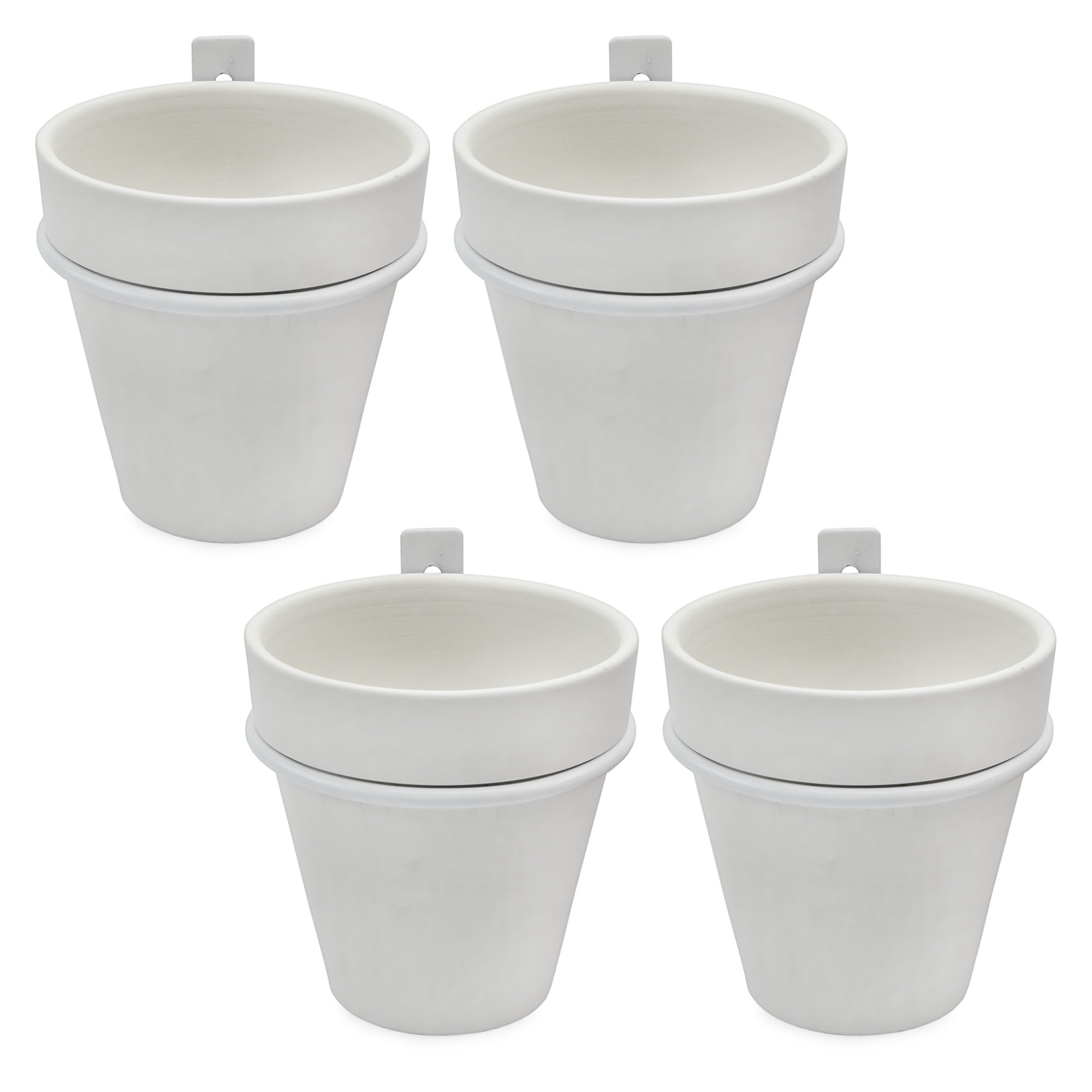 White Wall Mounted Clay Plant Pots with Metal Rings, 8-Piece Set