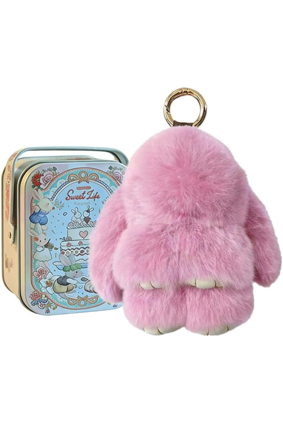 Fluffy Bunny Keychain Soft Plush Rabbit Keychain with Tin Box, Cute Stuffed Animal Bunny Backpack Bag Charm