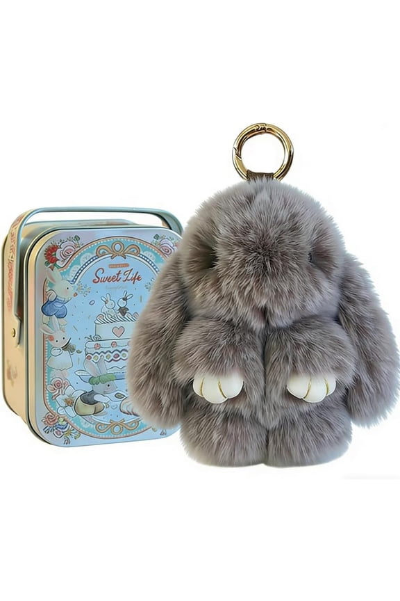 Fluffy Bunny Keychain Soft Plush Rabbit Keychain with Tin Box, Cute Stuffed Animal Bunny Backpack Bag Charm
