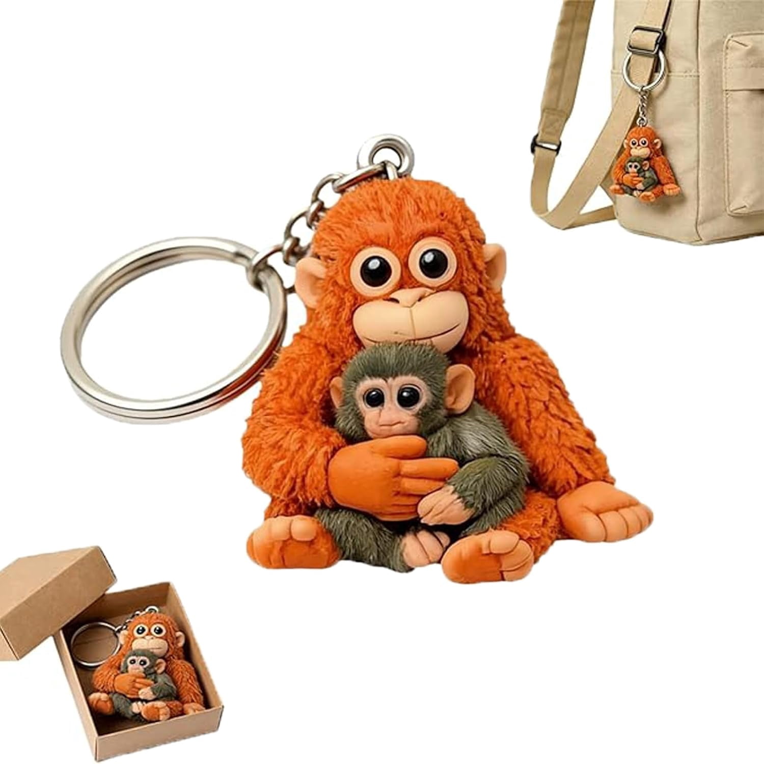Esterze Punch Monkey Plush Keychains - Cute 3D Monkey Holding Plush Toy Keychain, Orangutan Stuffed Animal Key Ring Pendant for Backpack, Purse, Car Keys