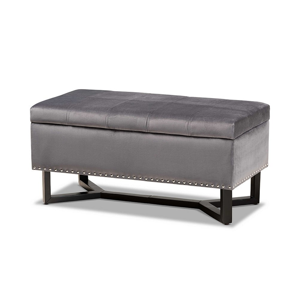 Esther Grey Velvet and Dark Brown Wood Tufted Storage Ottoman