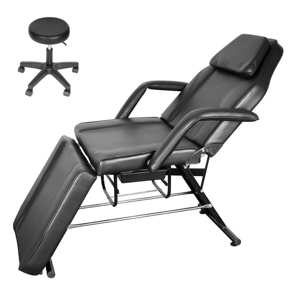 Esthetician Bed With Stool,Tattoo Chair Bed 3-Section Adjustable,Side Drawer For Storage And Split Leg Design,Adjustable Massage Table For Beauty Or Lash Room,Black Metal & Sponge,Chair With Stool