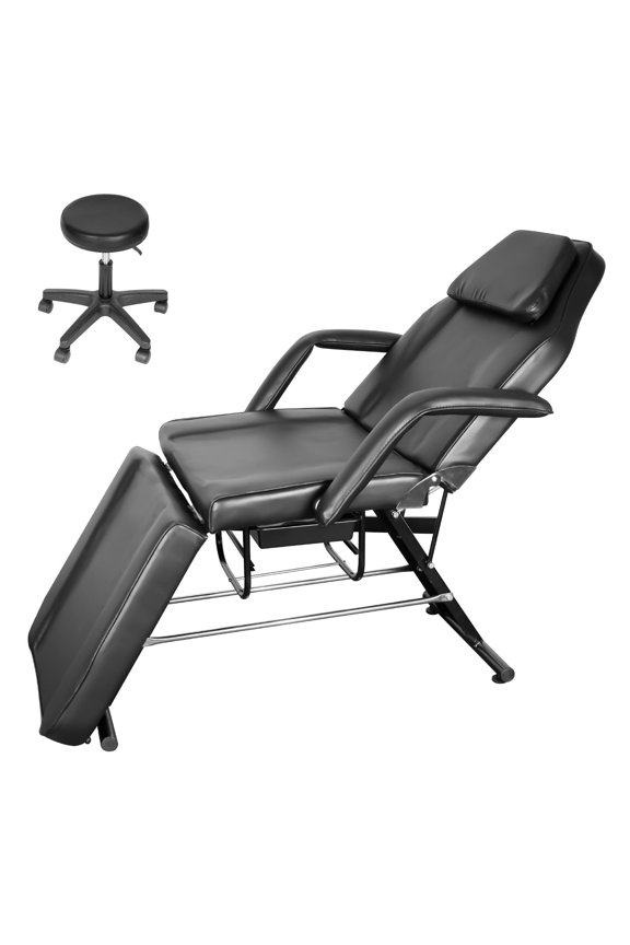 Esthetician Bed With Stool,Tattoo Chair Bed 3-Section Adjustable,Side Drawer For Storage And Split Leg Design,Adjustable Massage Table For Beauty Or Lash Room,Black Metal & Sponge,Chair With Stool