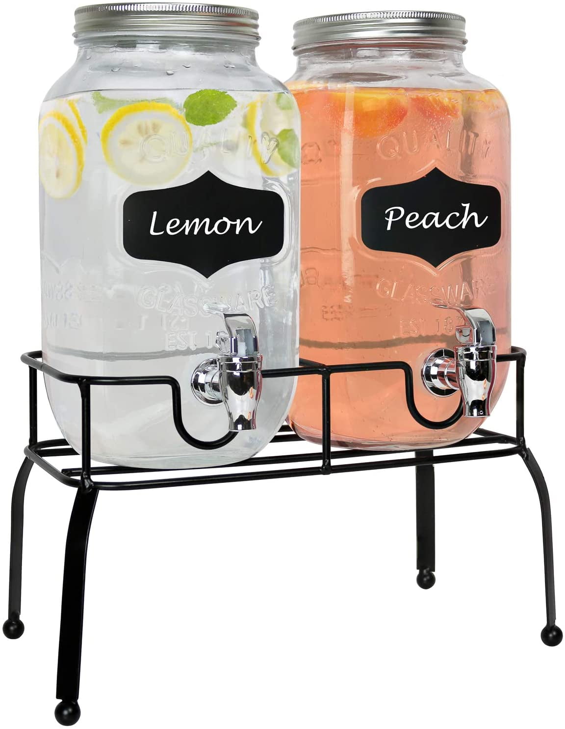 Dual 1.5 Gallon Glass Beverage Dispensers with Decorative Metal Stand, Stainless