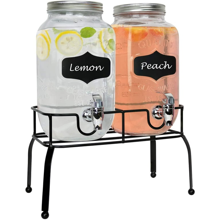 Estilo 1 Gallon Glass Mason Jar Double Drink Dispenser with Leak Free Spigot on Metal Stand Embossed Chalkboard and Chalk Clear