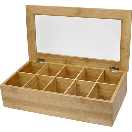 Estilo Bamboo Tea Bag Storage Box, 10 Equally Divided Compartments