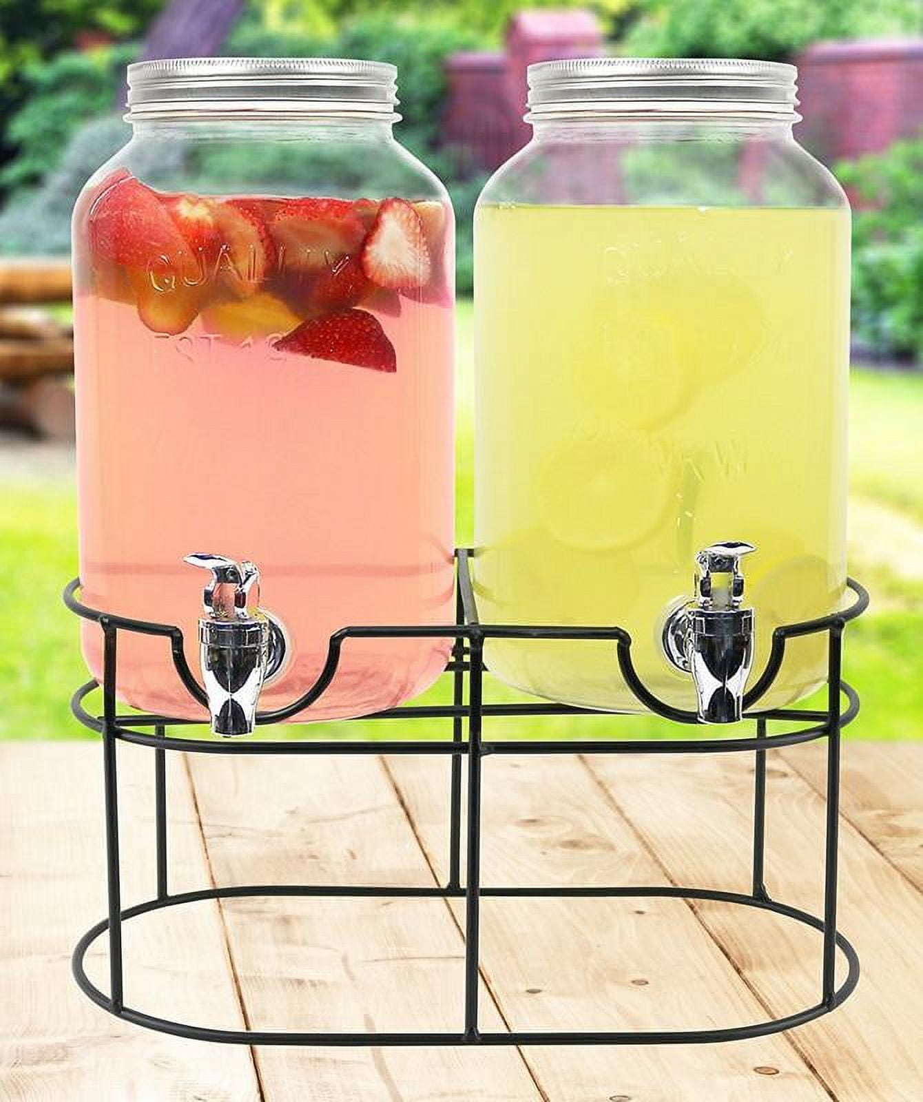 Drink Dispenser with Stand- Set of 2, 1 Gallon Glass Beverage Dispenser  with Stainless Steel Spigot & Lid plus Ice Cylinder and Fruit Infuser,  Drink