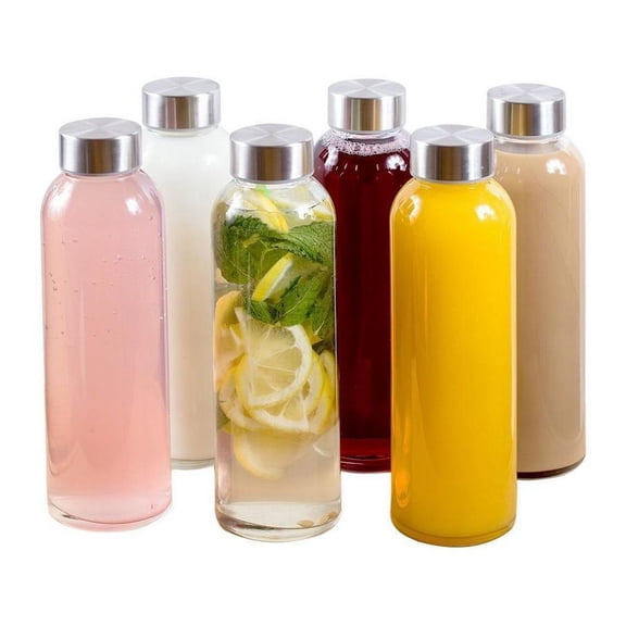 Estilo Glass Water Bottles 16 oz, Stainless Steel Cap - Case of 6 clear bottles
