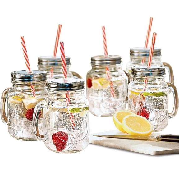 Estilo Mason Jar with Handle and Straw | Set of 6 | 16 oz Jars