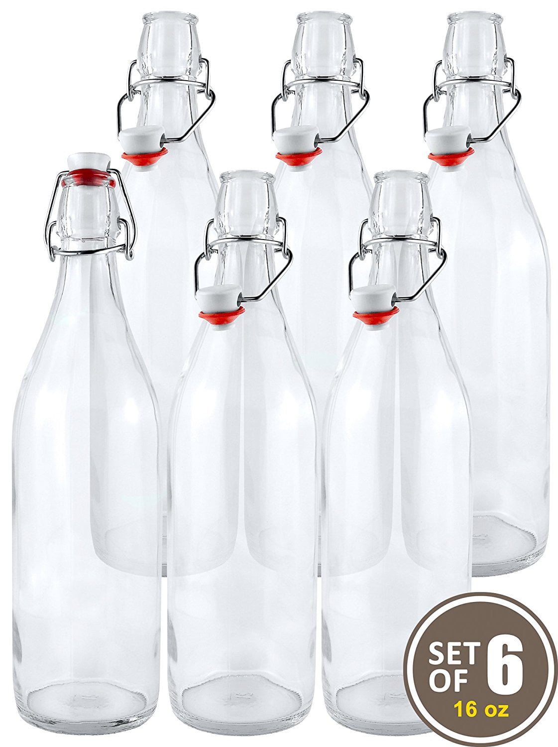 Skinny Series Glass Bottles Set w/ Crystal Clear Lids, 16 oz