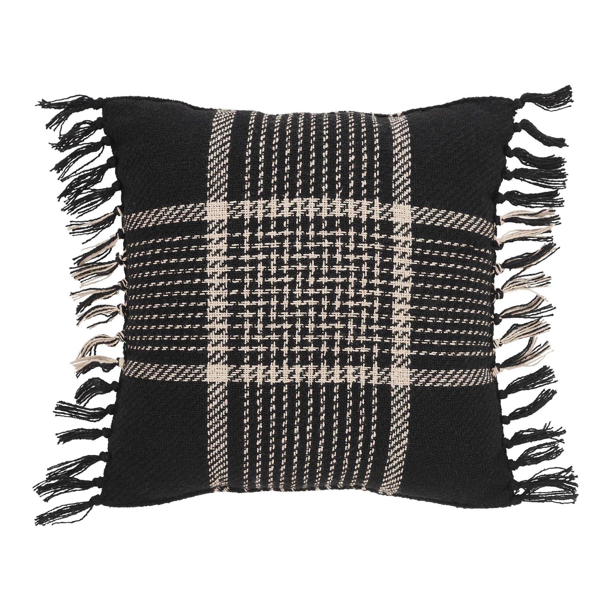 Eston Black and Tan Plaid Square Pillow with Tassels