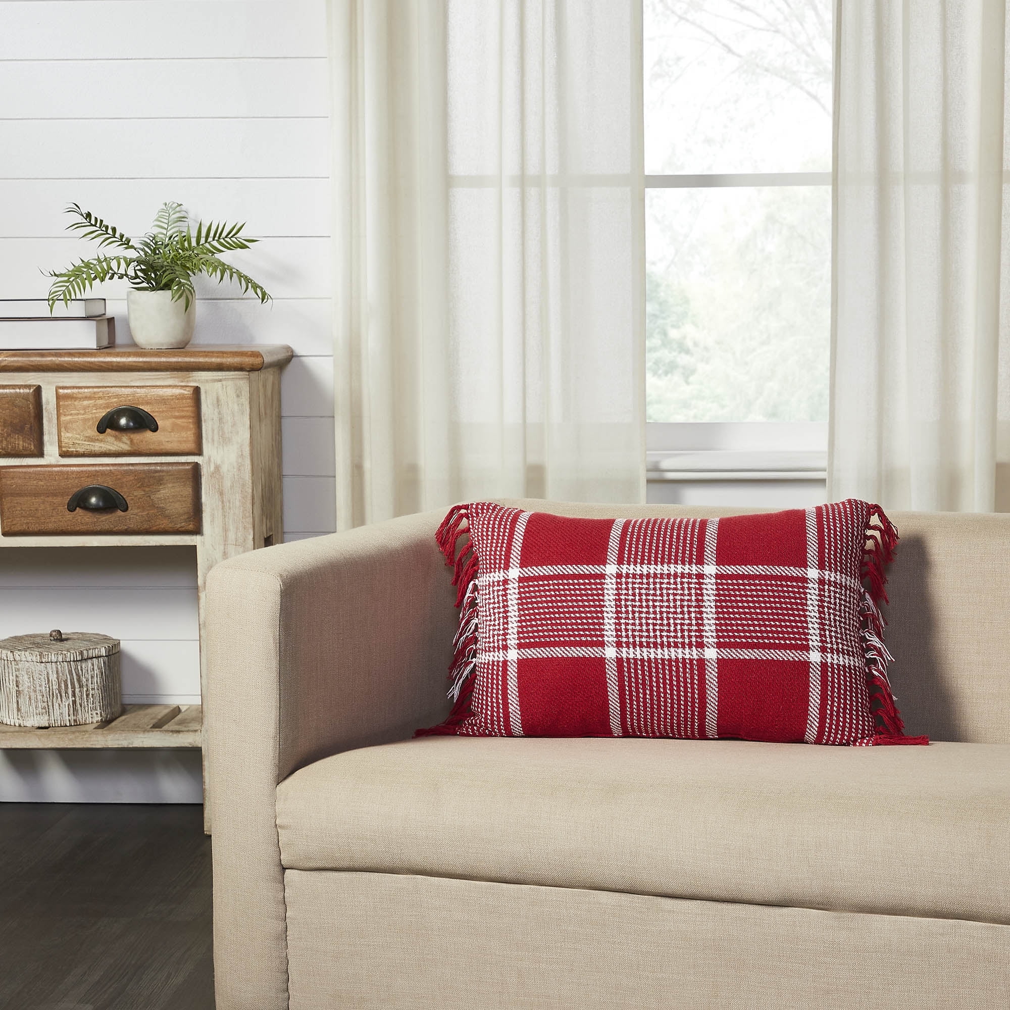 Eston Red and White Plaid Fringed Cotton Polyester Blend Pillow