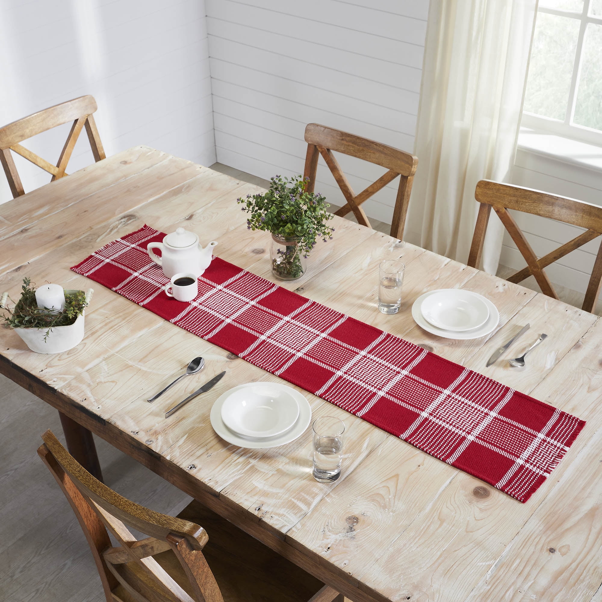 Eston Red and White Plaid Cotton Table Runner with Fringed Edges